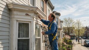 Painter scraping peeling paint off a historic wooden cornice on a Fishtown rowhome.