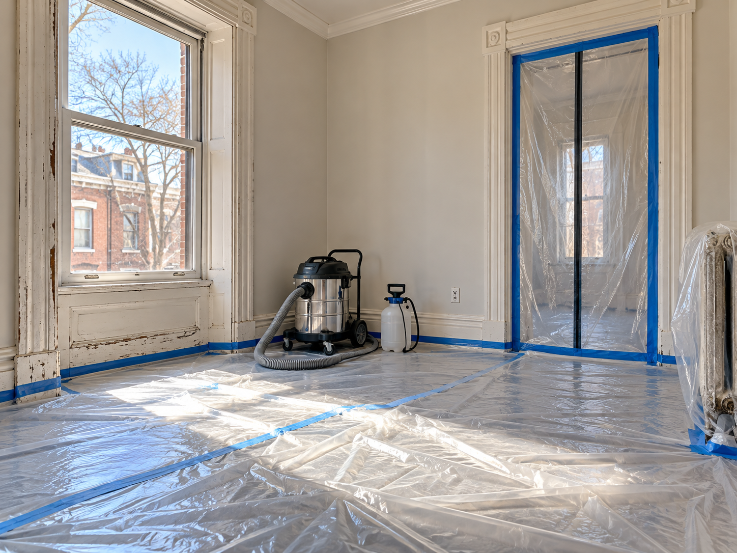 Interior room prepared for lead-safe painting with plastic sheeting on the floor and sealed doorway