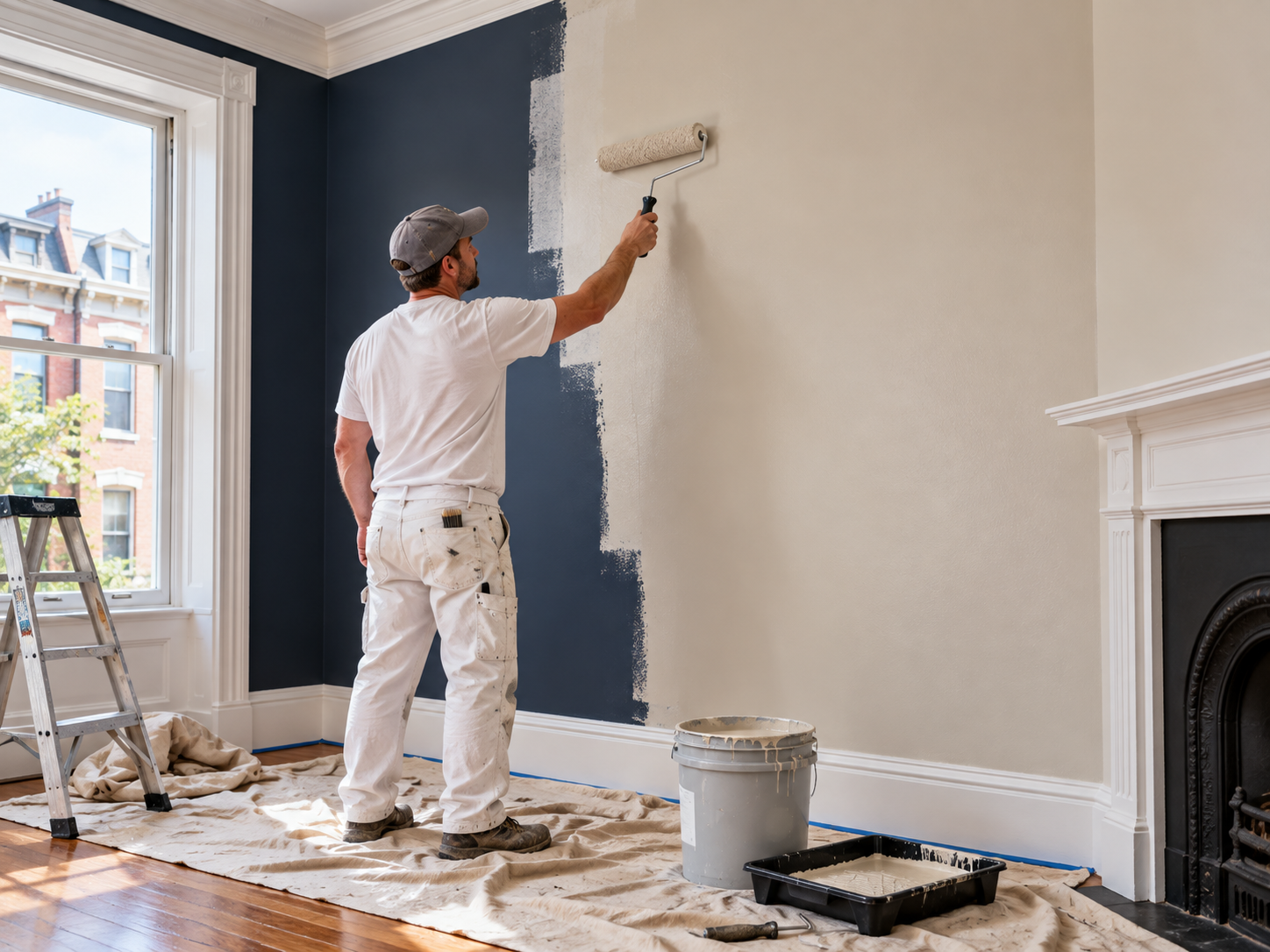 Professional painter covering a dark wall with a light interior color in Philadelphia