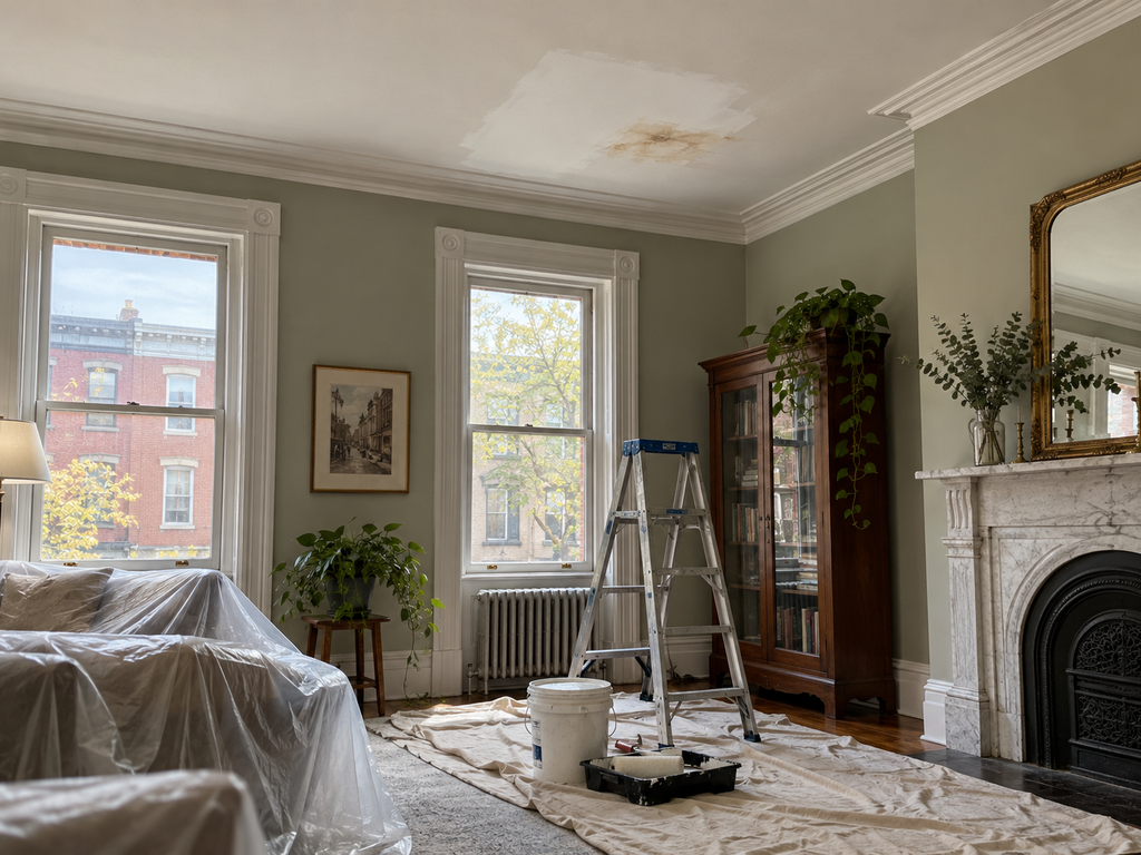 Ceiling water stain being prepared and primed before interior painting in Philadelphia