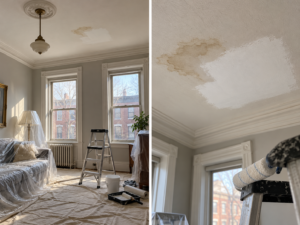 Ceiling water stain being prepared and primed before interior painting in Philadelphia