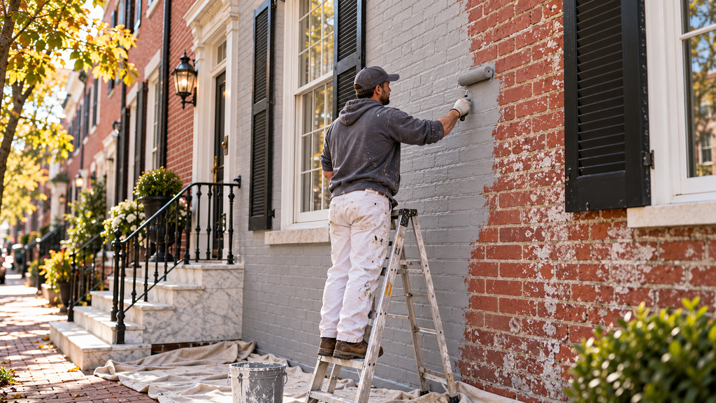 Painter applying masonry coating to the brick facade of a Philadelphia rowhome