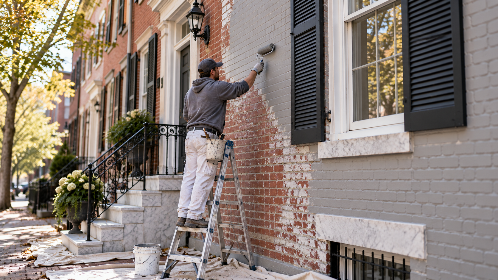 Painter applying masonry coating to the brick facade of a Philadelphia rowhome