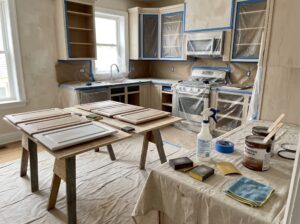 Cabinet painting preparation detail for residential work in Philadelphia.