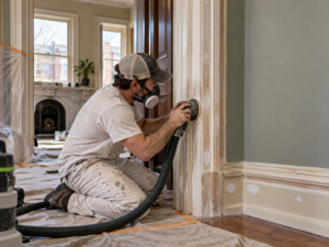 Interior trim preparation before painting in a Philadelphia home