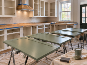 Freshly painted sage green shaker cabinet doors drying on stands in a clean Philadelphia kitchen with cabinet boxes primed and masked