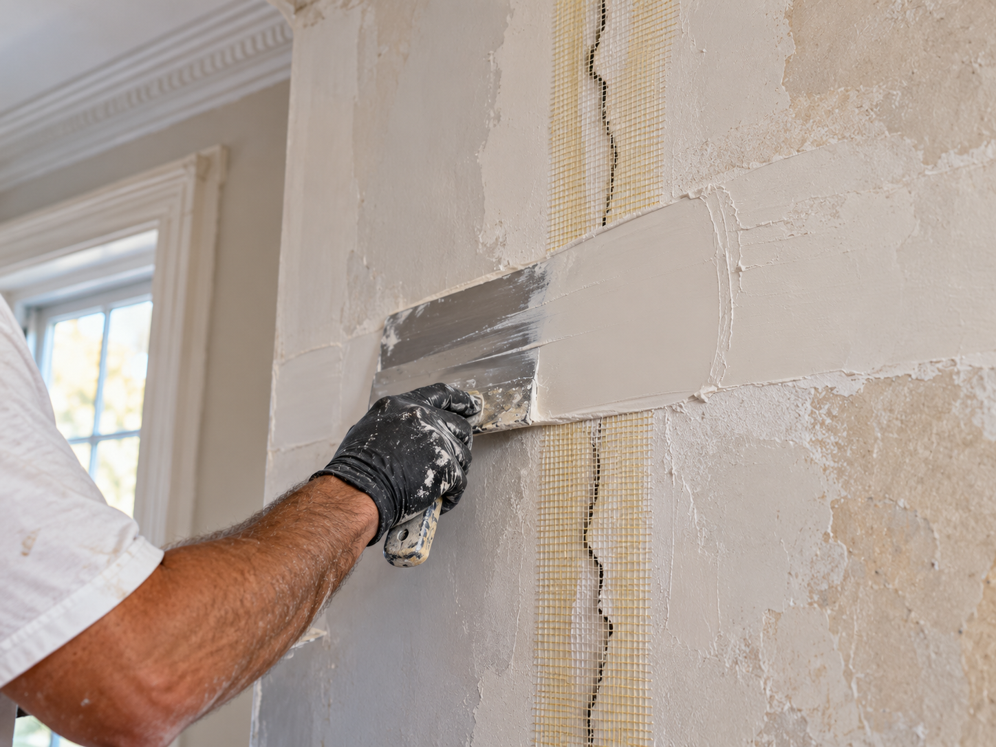 A professional painter wearing a respirator working from an aerial boom lift, carefully applying premium white exterior primer to the intricate corbels of a historic Philadelphia wooden cornice.