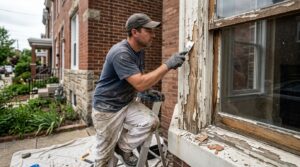 A professional painter, dressed in work clothes and a cap, stands carefully on a ladder and uses a putty knife to scrape old, cracked, and peeling paint from the exterior wooden window trim of a historic Philadelphia home. The scene reveals details of the weathered wood, falling paint chips, and areas requiring repair before the new coat is applied, all set against the backdrop of the city's traditional residential architecture and urban landscape. A bucket and prep tools hang or rest nearby, capturing a genuine, meticulous work process in natural daylight.